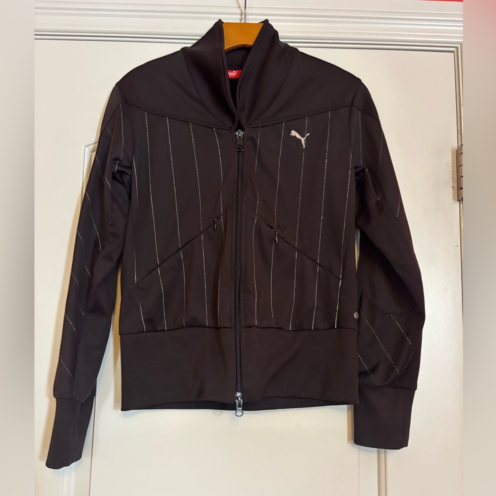 PUMA Black Jacket with White Stripes. Medium.